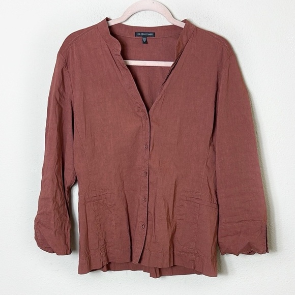 Eileen Fisher Linen Blend Button Down Shirt Jacket Rusty Brown Size М - Picture 1 of 9